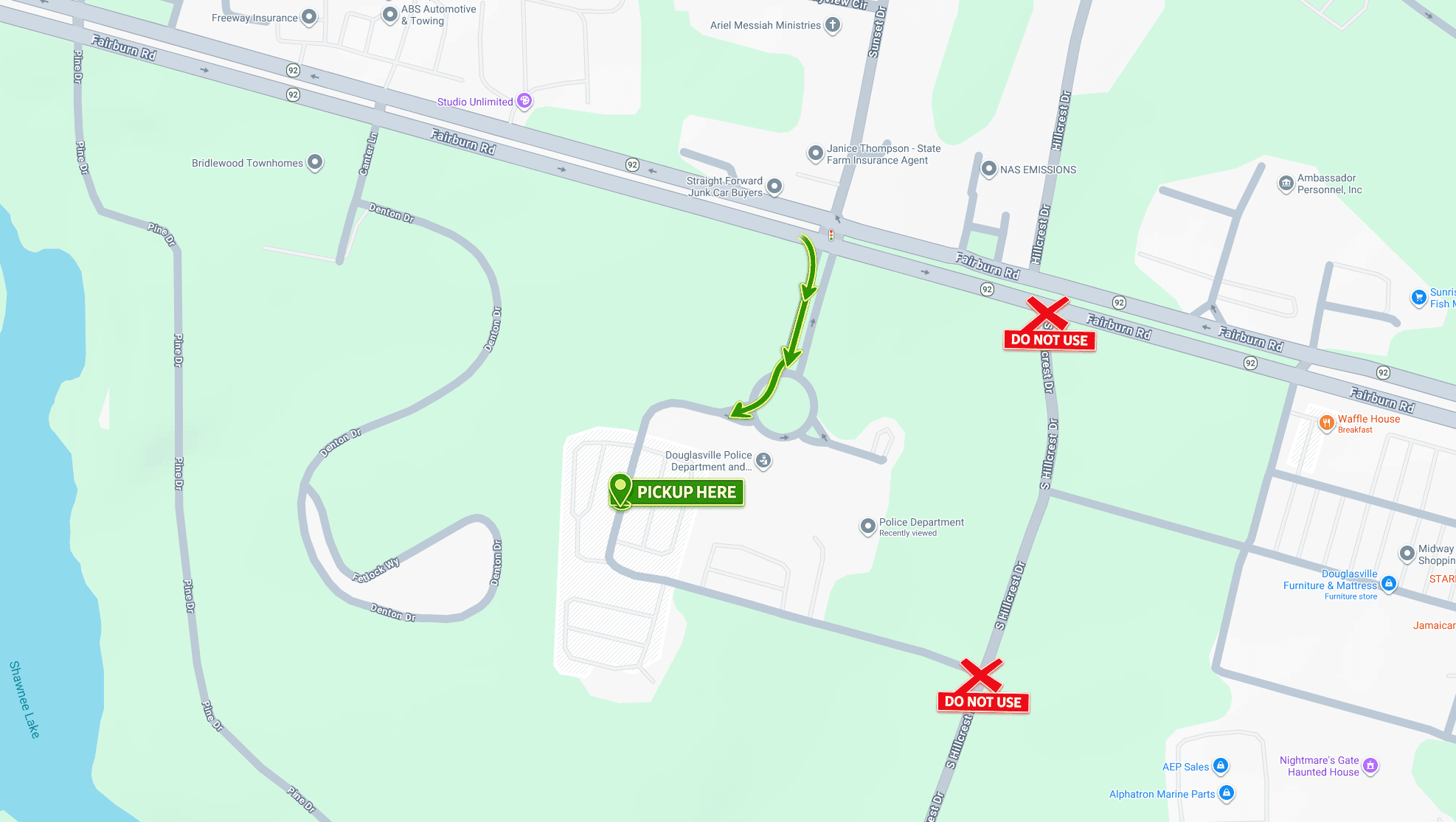 Aerial map showing route from Highway 92 to pickup location